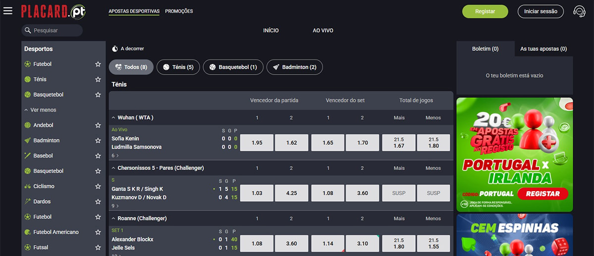Apostas ao vivo nas Apostas Placard