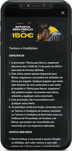 O ecrã com os bónus de apostas da bwin no telemóvel