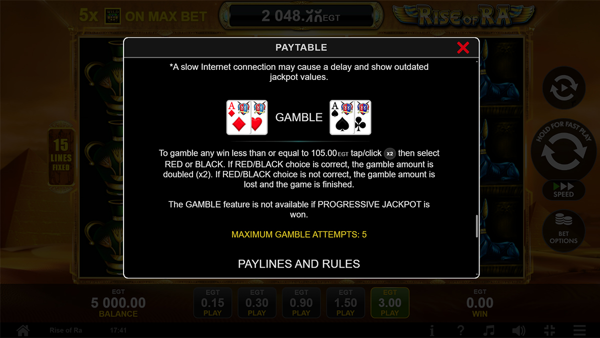 O ecrã inicial da slot Rise of Ra