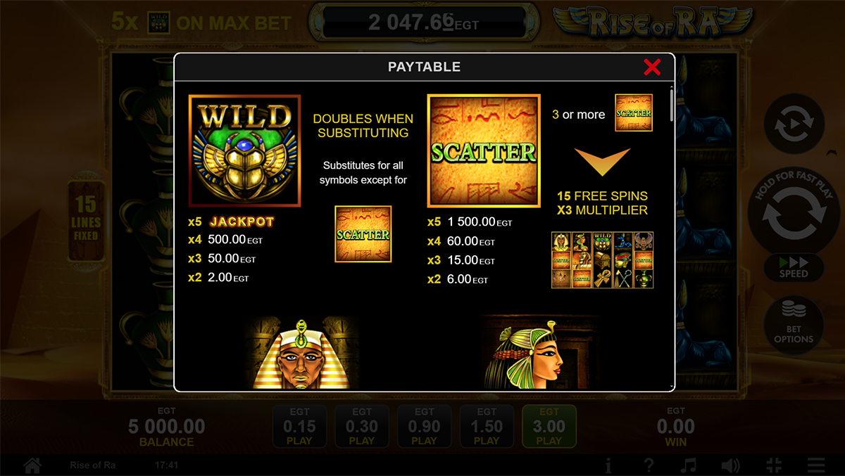 A tabela de pagamentos da slot Rise of Ra